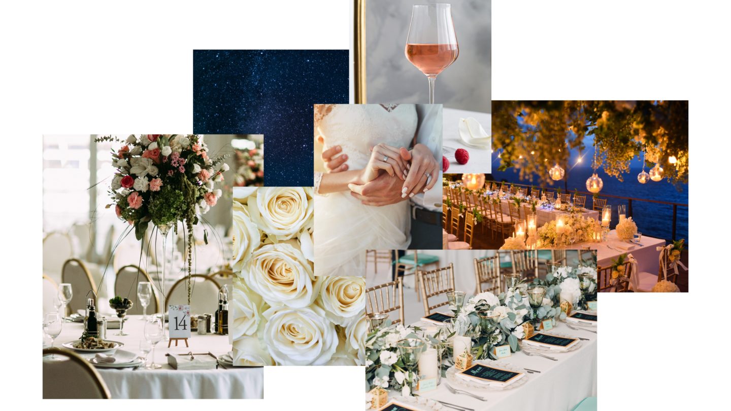 Bryllupslokaler i Oslo. Bryllypsdekorasjon, hvite blomster, nygifte, stjernehimmel, havutsikt, et glass rosévin